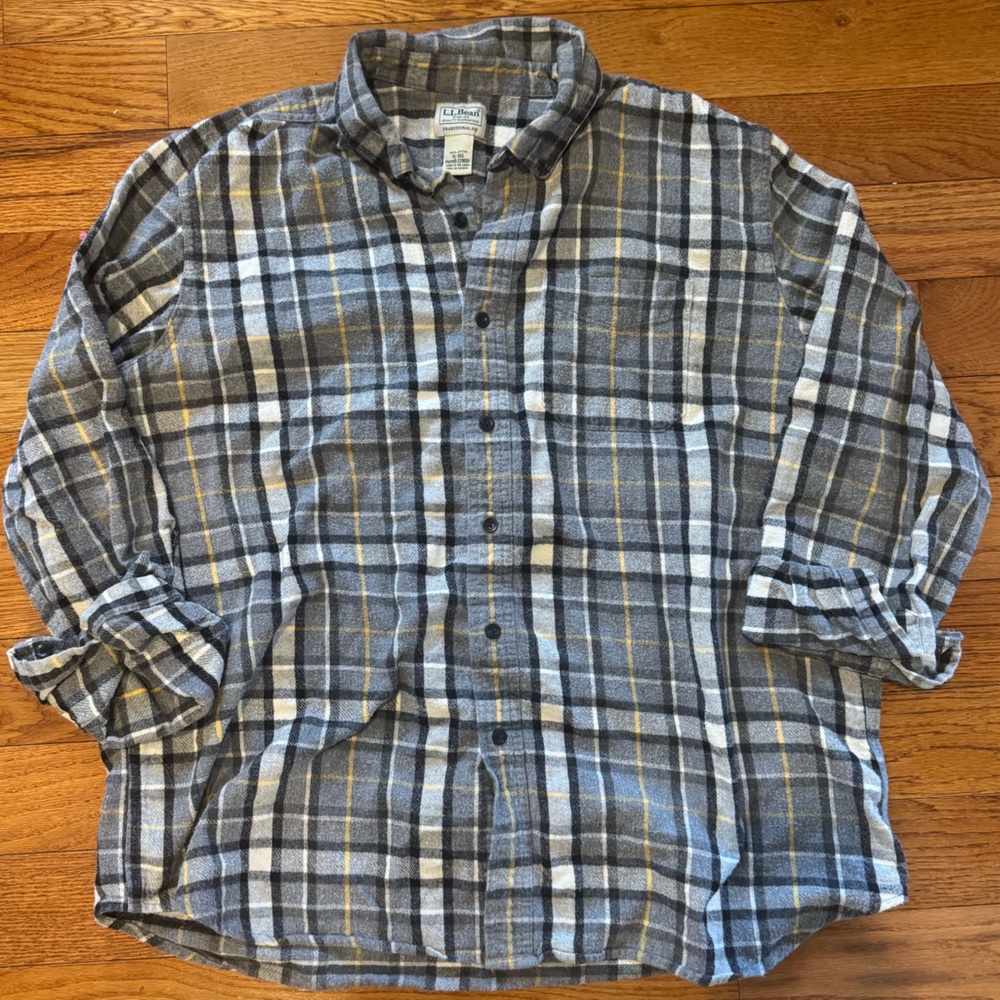 L.L. Bean Gray Plaid Button-Down Shirt with Blue and Yellow Stripes